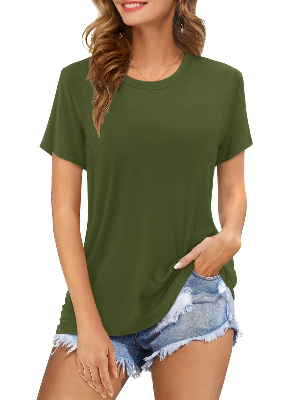 Womens Short Sleeve T Shirts Crewneck Summer Trendy Solid Basic Tee Tops Casual Summer Loose Fit Shirts
