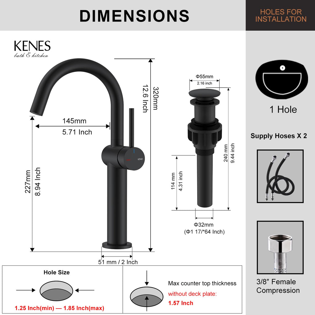 KENES Black and Gold Single Handle Bathroom Sink Faucet, Modern Prep Wet Bar Sink Faucet with Drain Assembly & Deck Plate, Vanity Faucets for Farmhouse RV Camper Utility, KE-9005B-BG