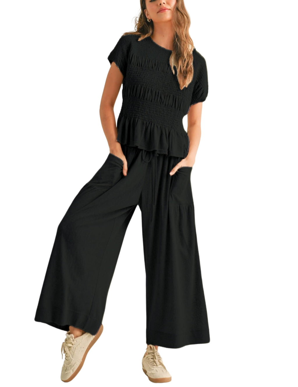 Antnation Womens 2 Piece Smocked Top Wide-Leg Pants Set High-Waisted Lounge Outfit with Pockets Casual Boho Matching Set