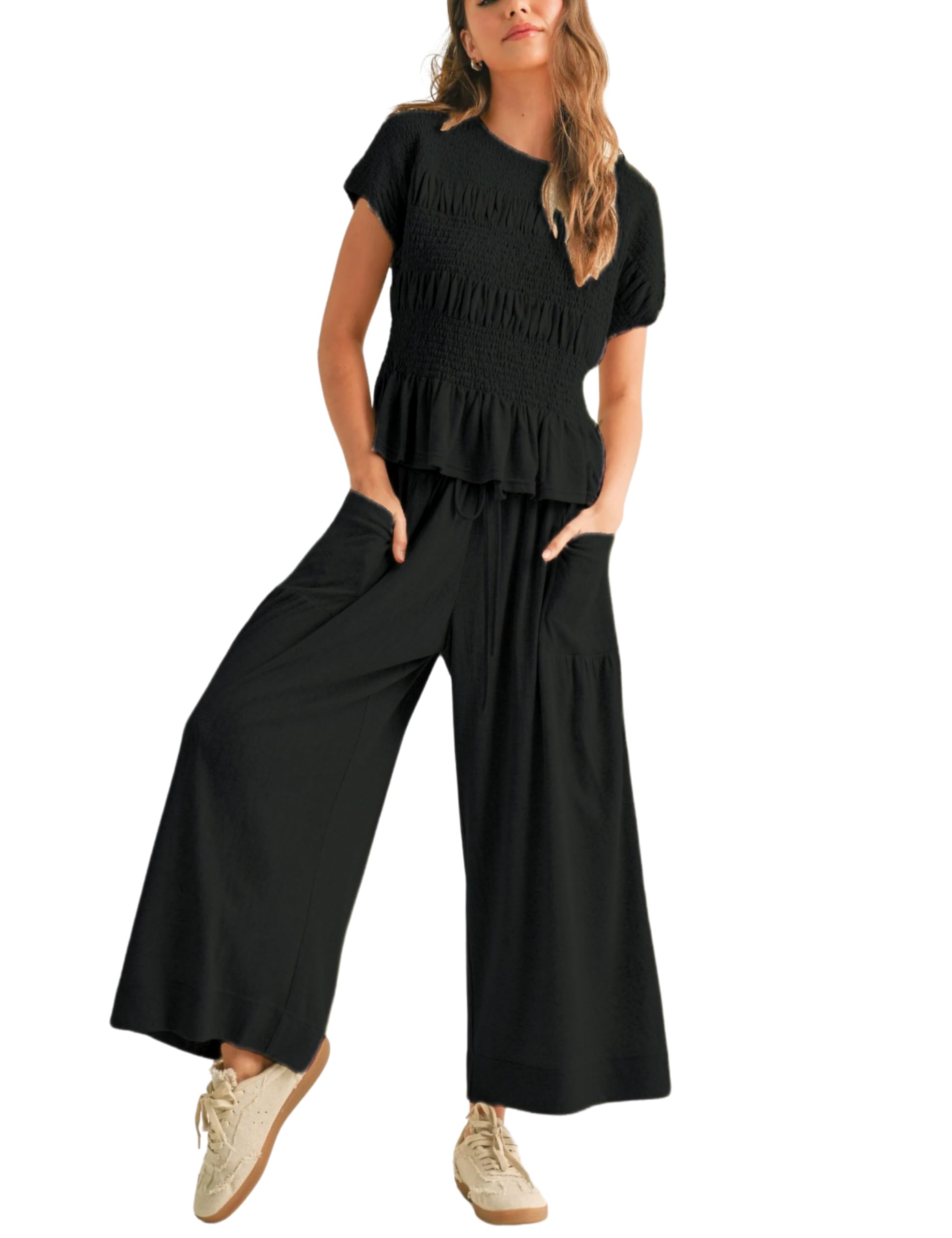 Antnation Womens 2 Piece Smocked Top Wide-Leg Pants Set High-Waisted Lounge Outfit with Pockets Casual Boho Matching Set