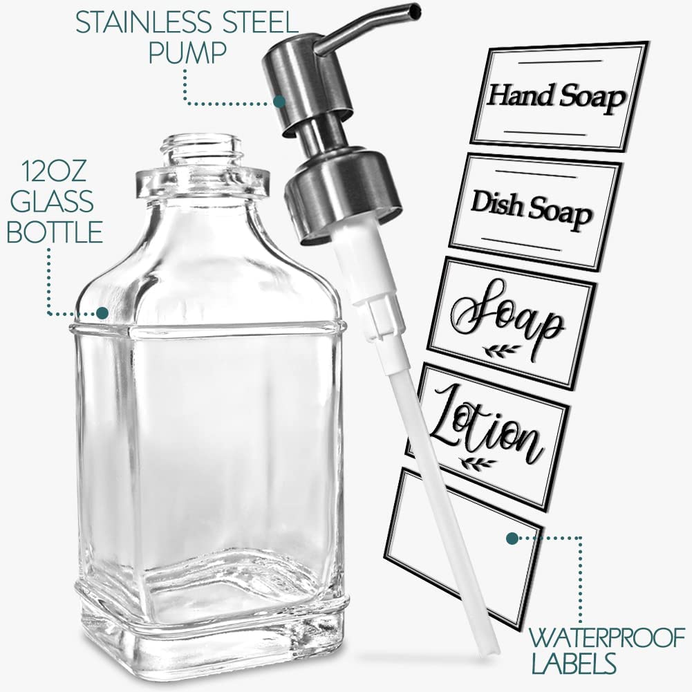 JASAI Antique Design Soap Dispenser with Rust Proof 304 Stainless Steel Pump, Refillable Glass Soap Dispenser with 10Pcs Clear Stickers, Premium Kitchen & Bathroom Soap Dispenser