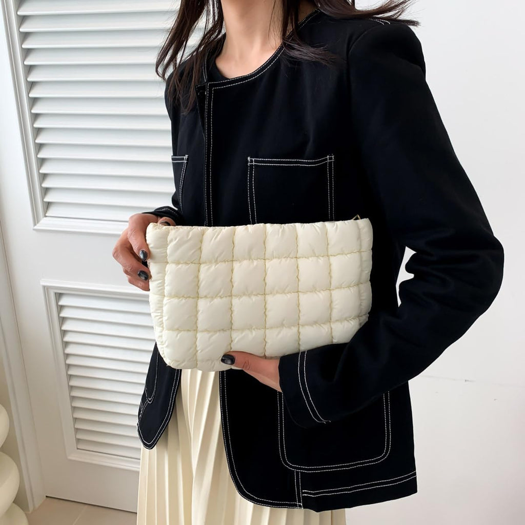 Puffy Quilted Makeup Bag for Women, Cosmetic Bag, Travel Toiletry Organizer Pouch Clutch (Black Flowers)