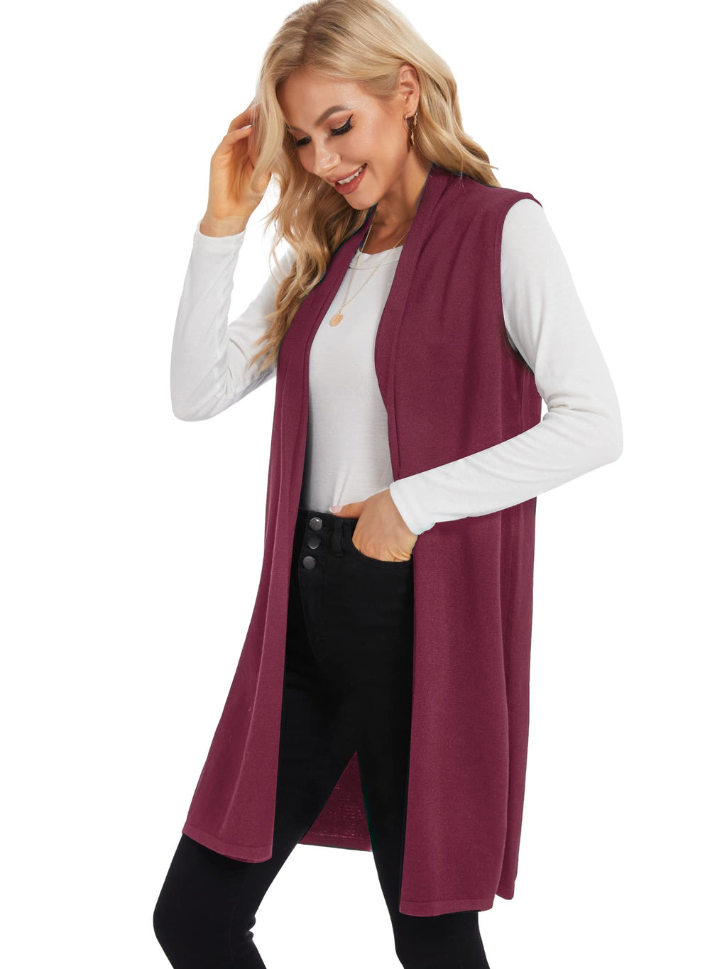 Moss Rose Women's Long Knit Cardigan Vest Casual Sleeveless Open Front Draped Duster Vest (Available in Plus Size)