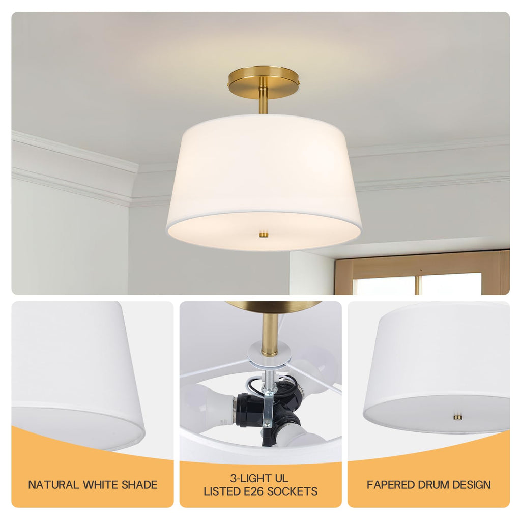 CALOKES Semi Flush Mount Ceiling Light, 11.8" Modern 3-Light Fixture with Petal-Shaped Cream White Fabric Shade and Golden Support Arm, Ideal for Bedroom, Kitchen, Living Room, Hallway, and Entryway