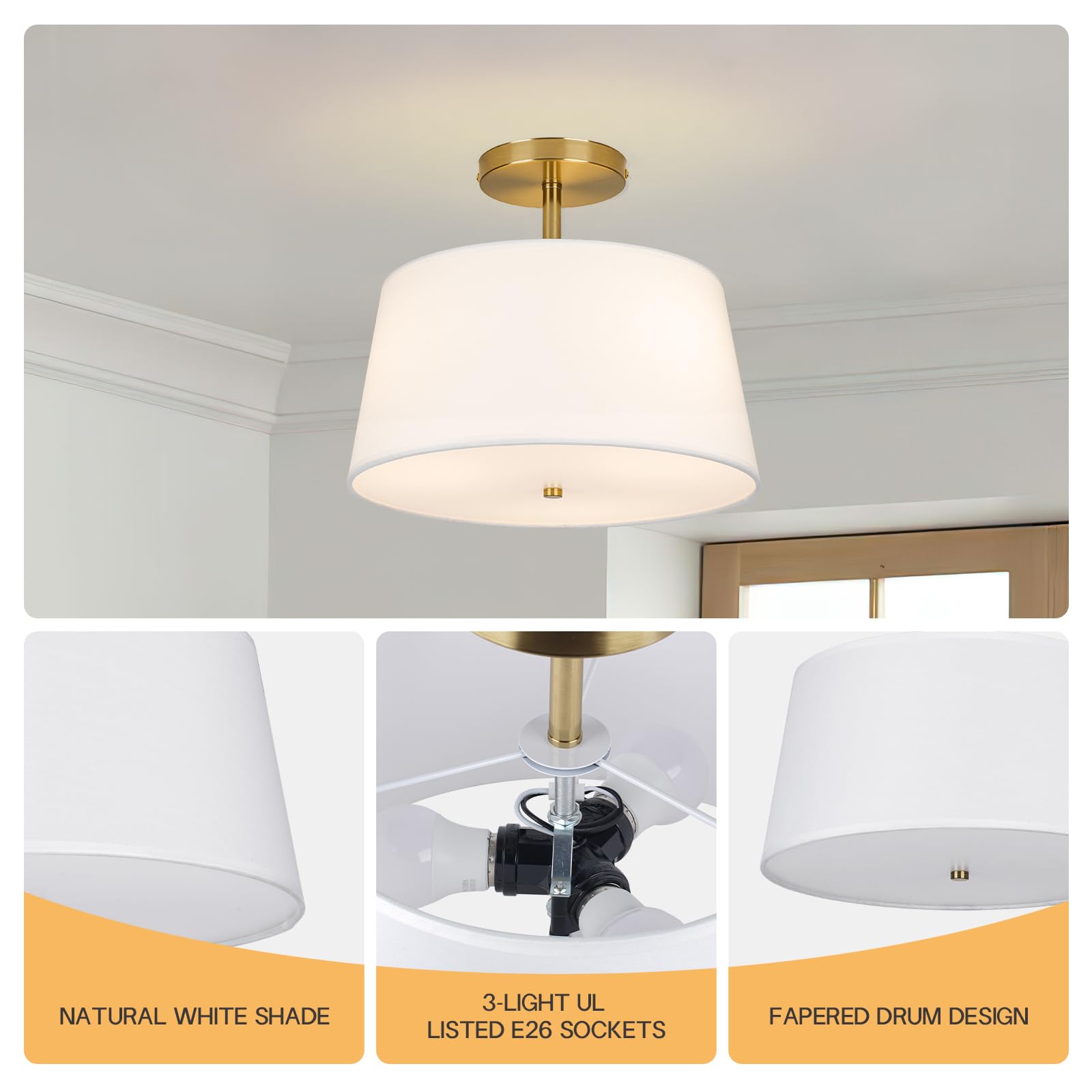 CALOKES Semi Flush Mount Ceiling Light, 11.8" Modern 3-Light Fixture with Petal-Shaped Cream White Fabric Shade and Golden Support Arm, Ideal for Bedroom, Kitchen, Living Room, Hallway, and Entryway