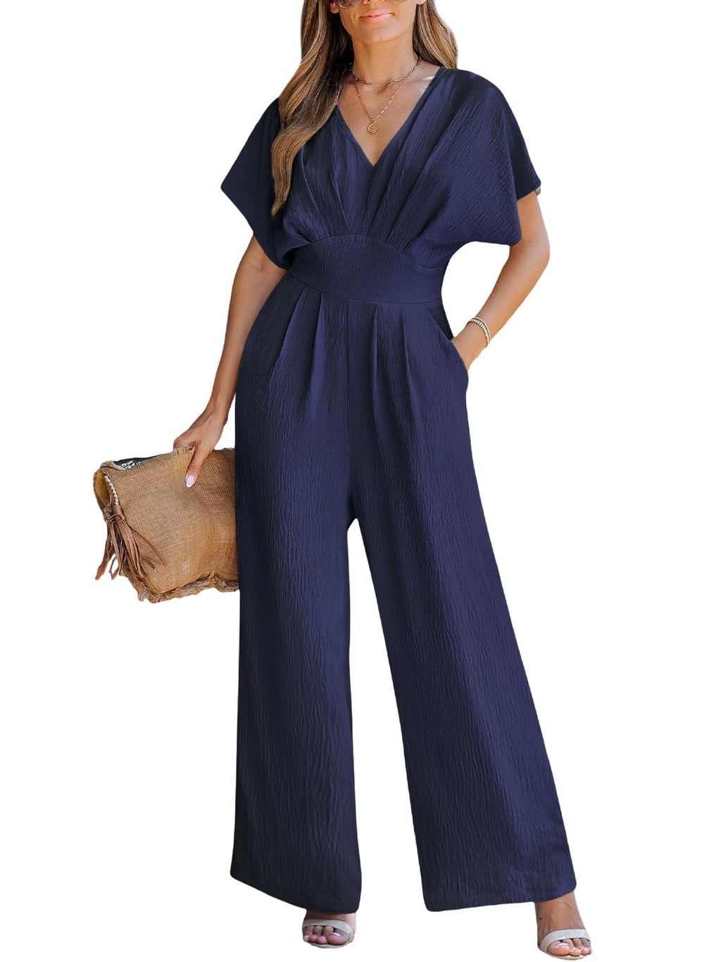 CUPSHE One Piece Jumpsuits for Women Casual Summer V Neck Batwing Sleeve Wide Leg Elegant Overalls Sexy Vacation Outfits