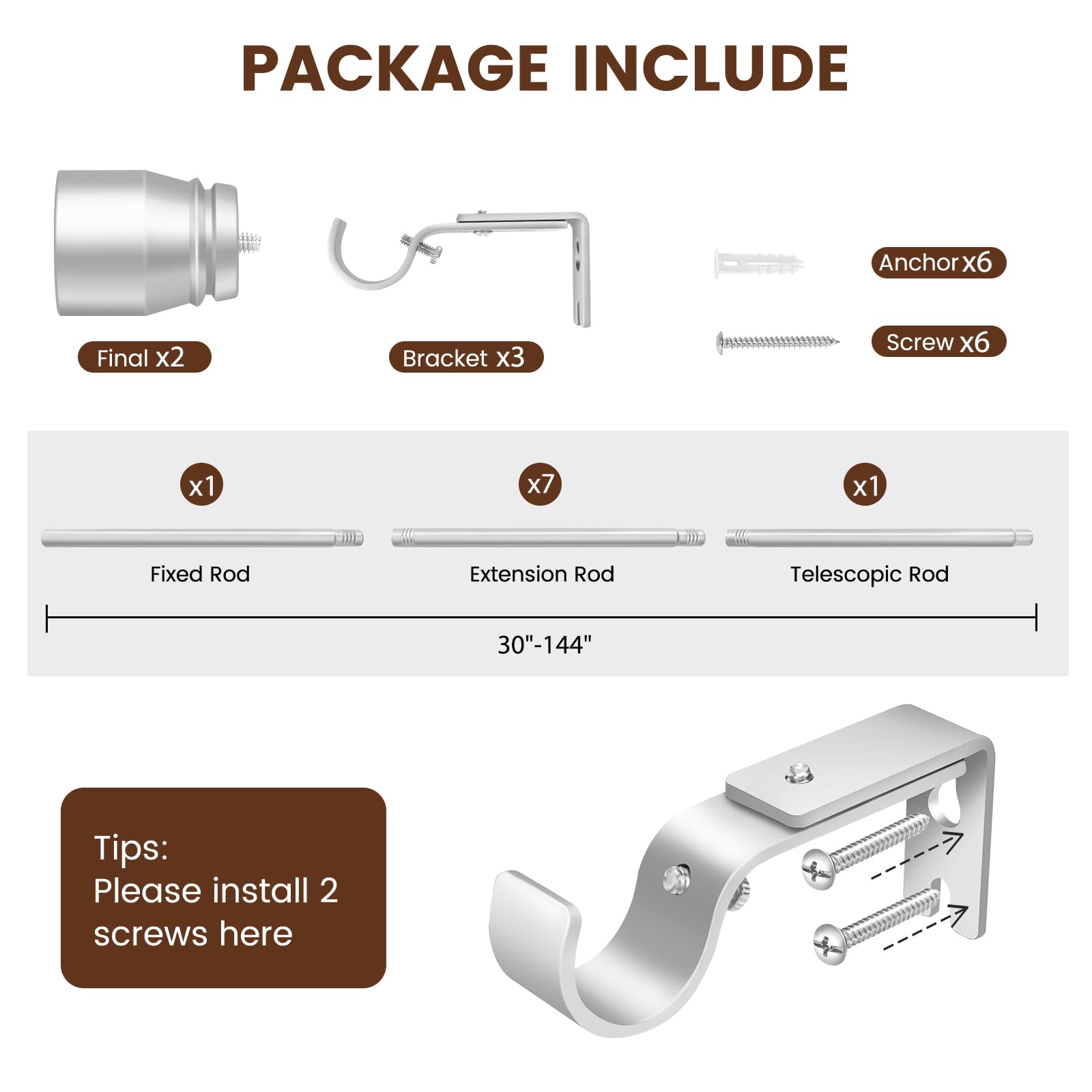 1” Diameter brown curtain rod Itself is 30 to 60 inch. 1 Pack Fits 30-54 inch Windows with Heavy Duty Adjustable brown curtain rods Splicing Metal Extra Long Curtain Rod