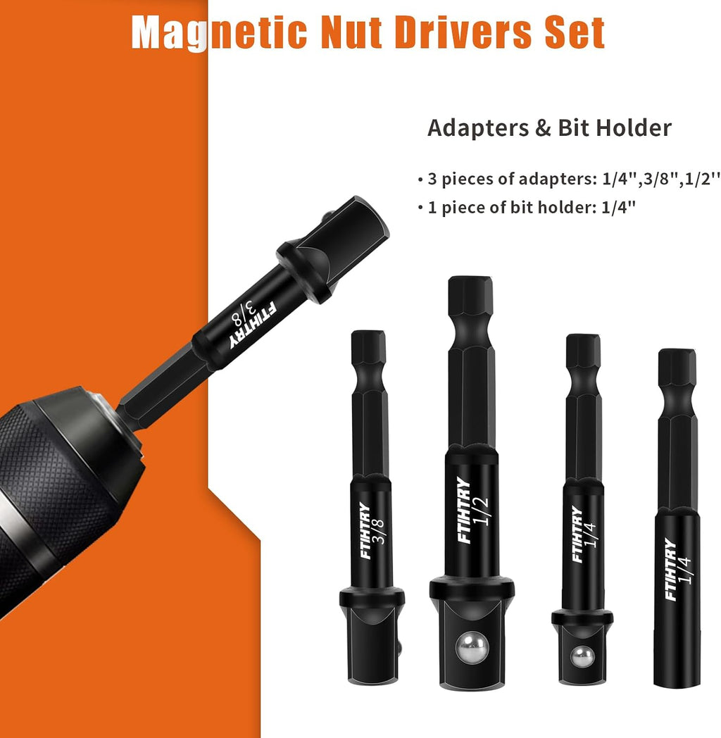 FTIHTRY 39Pcs Magnetic Nut Driver Set for Impact Drill, Metric & SAE Magnetic Impact Drill Driver Bit, 1/4" Hex Shank, Fully Magnetic Hex Nut Driver Drill Bit Master Kit, Black