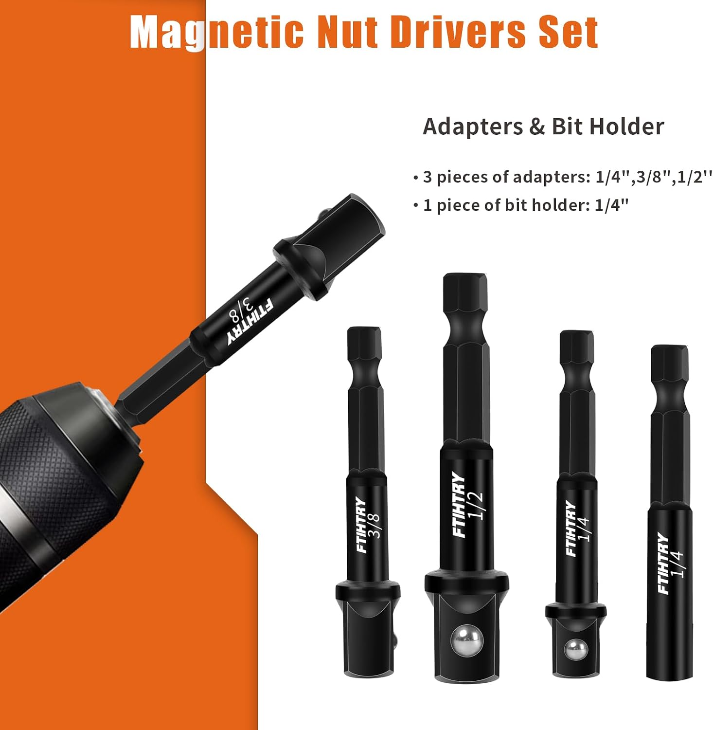 FTIHTRY 39Pcs Magnetic Nut Driver Set for Impact Drill, Metric & SAE Magnetic Impact Drill Driver Bit, 1/4" Hex Shank, Fully Magnetic Hex Nut Driver Drill Bit Master Kit, Black