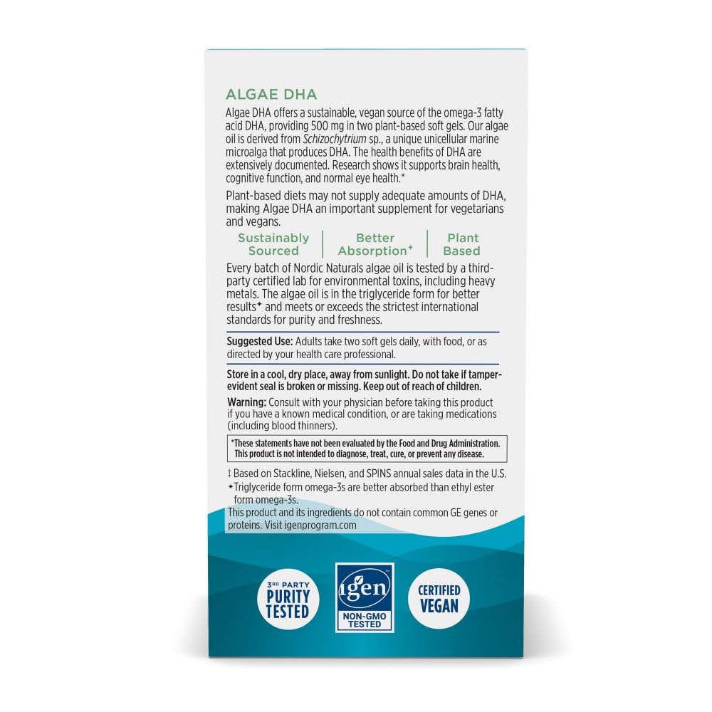 Nordic Naturals Algae DHA - 60 Soft Gels - 500 mg Omega-3 DHA - Certified Vegan Algae Oil - Plant-Based DHA - Brain, Eye & Nervous System Support - Non-GMO - 30 Servings
