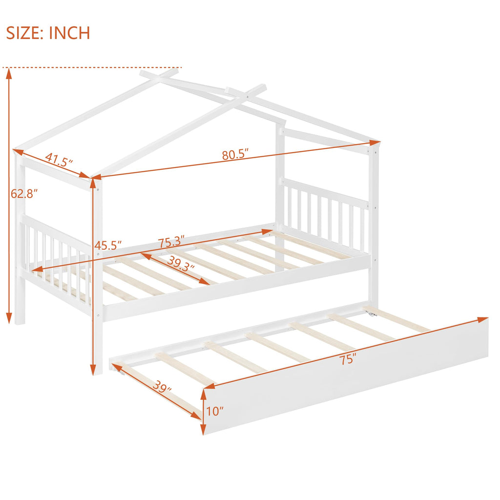 Merax Twin Size Wooden House Bed with Two Drawers, Wood Bed Frame with Roof for Kids, Teens, Boys or Girls, Grey