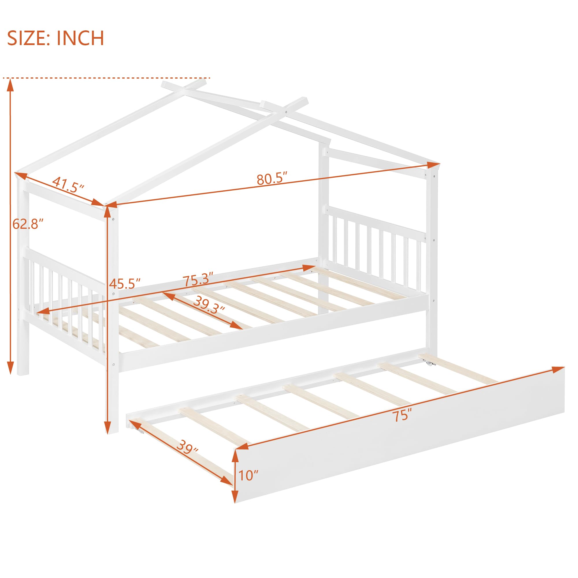 Merax Twin Size Wooden House Bed with Two Drawers, Wood Bed Frame with Roof for Kids, Teens, Boys or Girls, Grey
