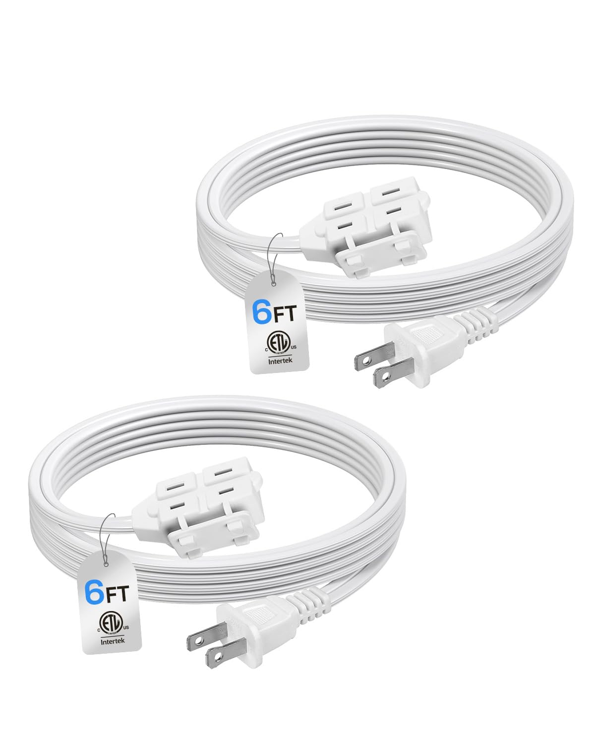 BN-LINK 6ft Indoor Extension Cord, 2 Pack, 3-Outlet Polarized Flat Cable, Household Power Cord for Home, Office, and Holiday Decorations, Black