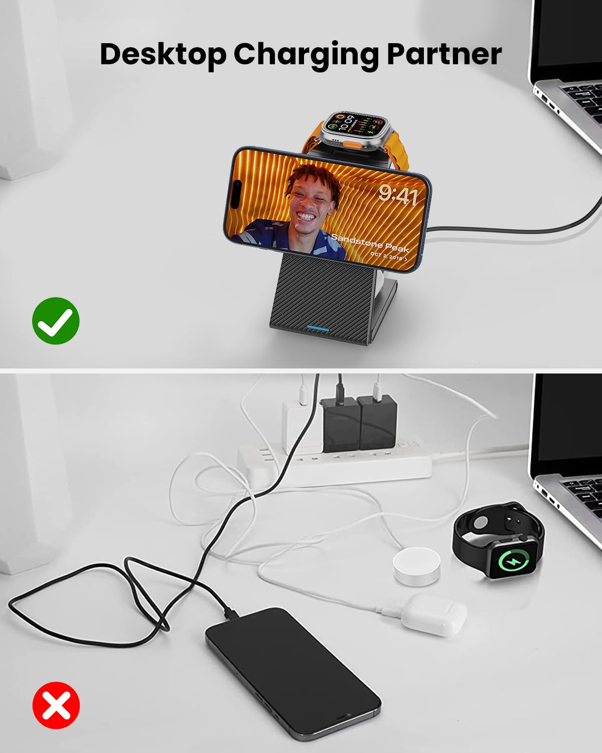 GEEKERA 3 in 1 Wireless Charging Station, Foldable Wireless Charger Stand for Multiple Apple Devices for iPhone 17 16-8, Apple Watch Ultra//11/10/9/SE/8/7/6/5, AirPods Pro/4/3/2