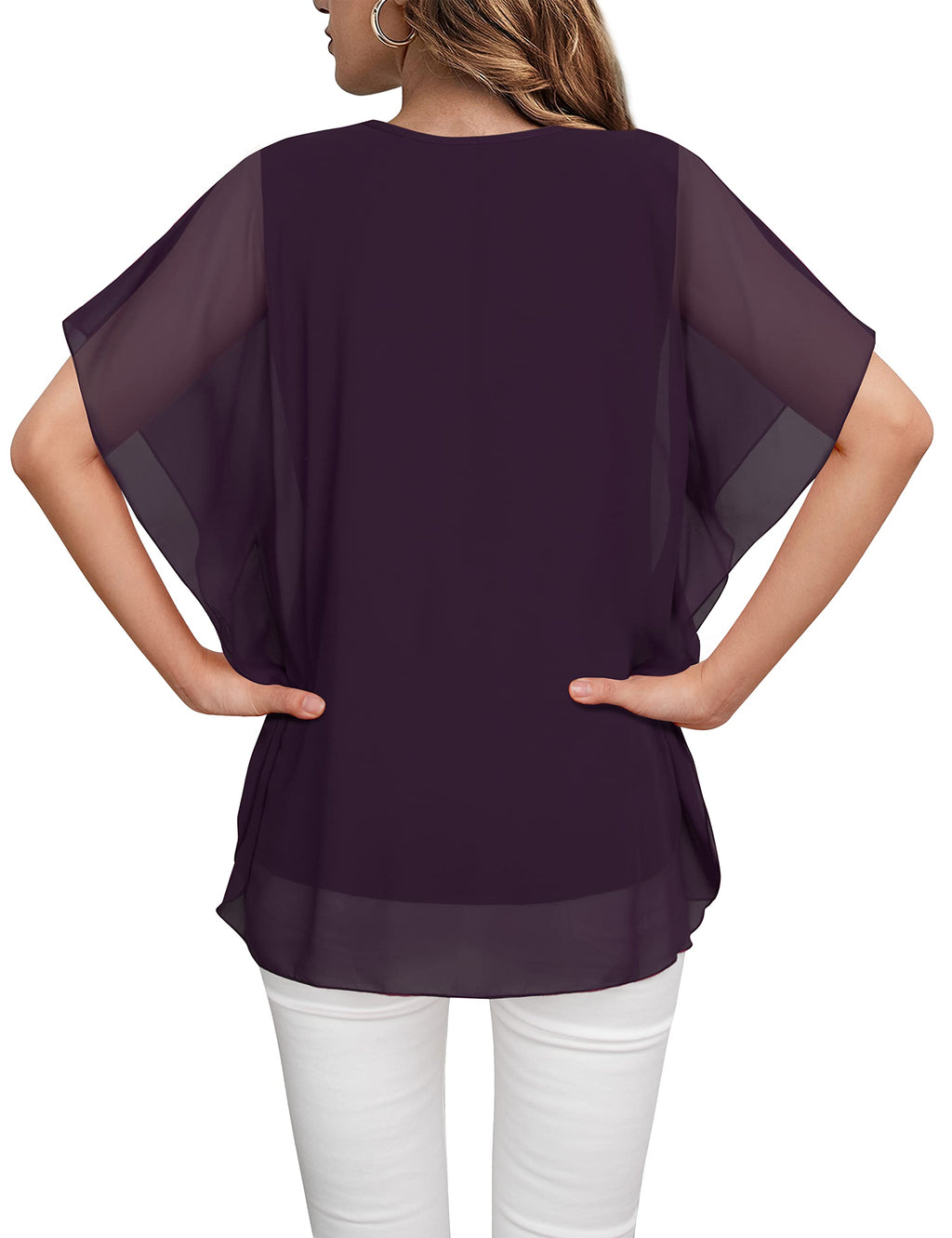 Lotusmile Women's Loose Flouncing Flutter Sleeve Double-Layered Shirt Chiffon Elegant Dressy Blouse Work Tops