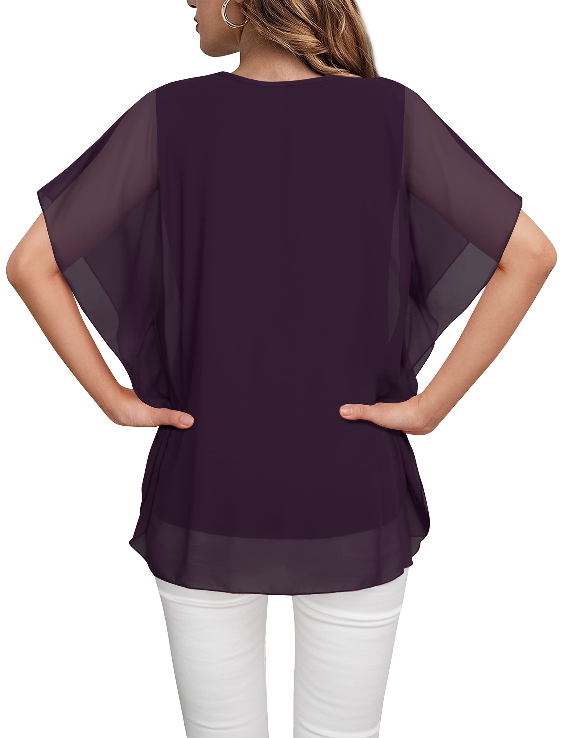 Lotusmile Women's Loose Flouncing Flutter Sleeve Double-Layered Shirt Chiffon Elegant Dressy Blouse Work Tops