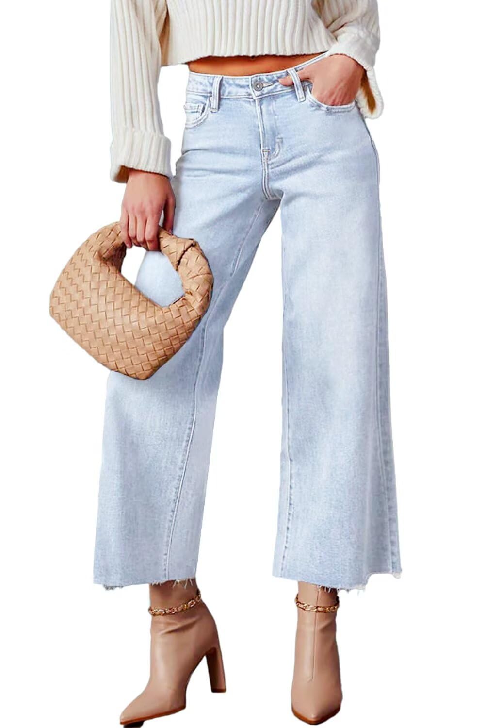 Allimy Women's High Waisted Straight Ankle Wide Leg Ripped Jeans Frayed Hem Stretchy Capri Denim Pants