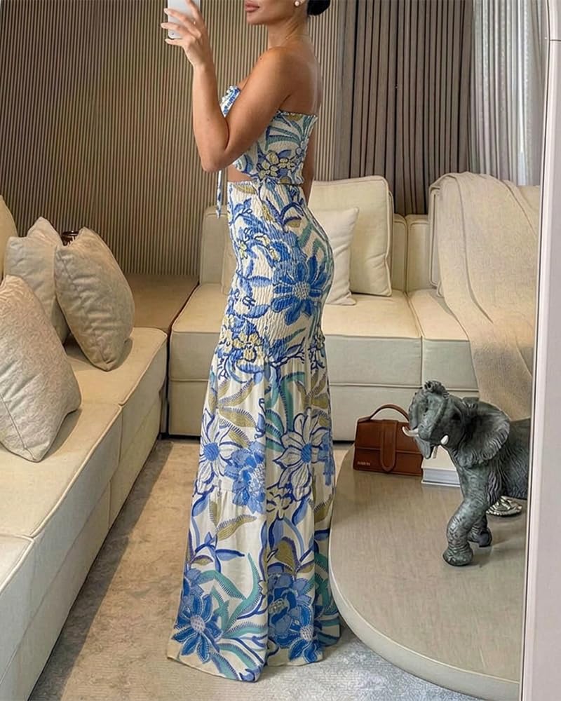 CHICME Floral Printed Vacation Dress Halter Tie Ruched Shirred Bandeau Party Dress Slim Ruffle Hem Wedding Guest Dress