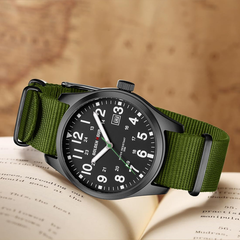 GOLDEN HOUR Men's Nylon Slip-Thru Strap Watch with Military Time Easy Read Dial Glowing Hands