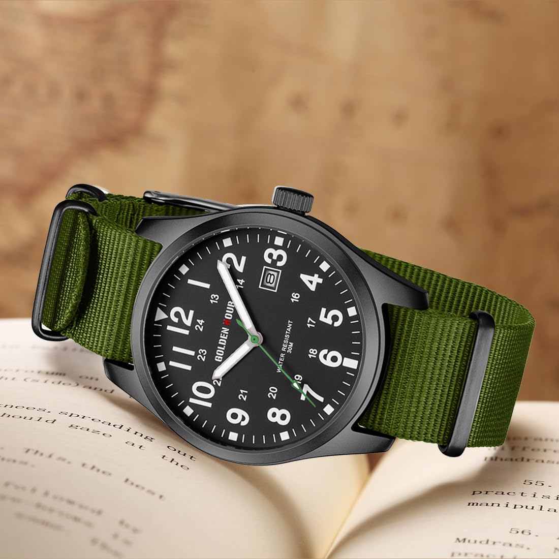 GOLDEN HOUR Men's Nylon Slip-Thru Strap Watch with Military Time Easy Read Dial Glowing Hands