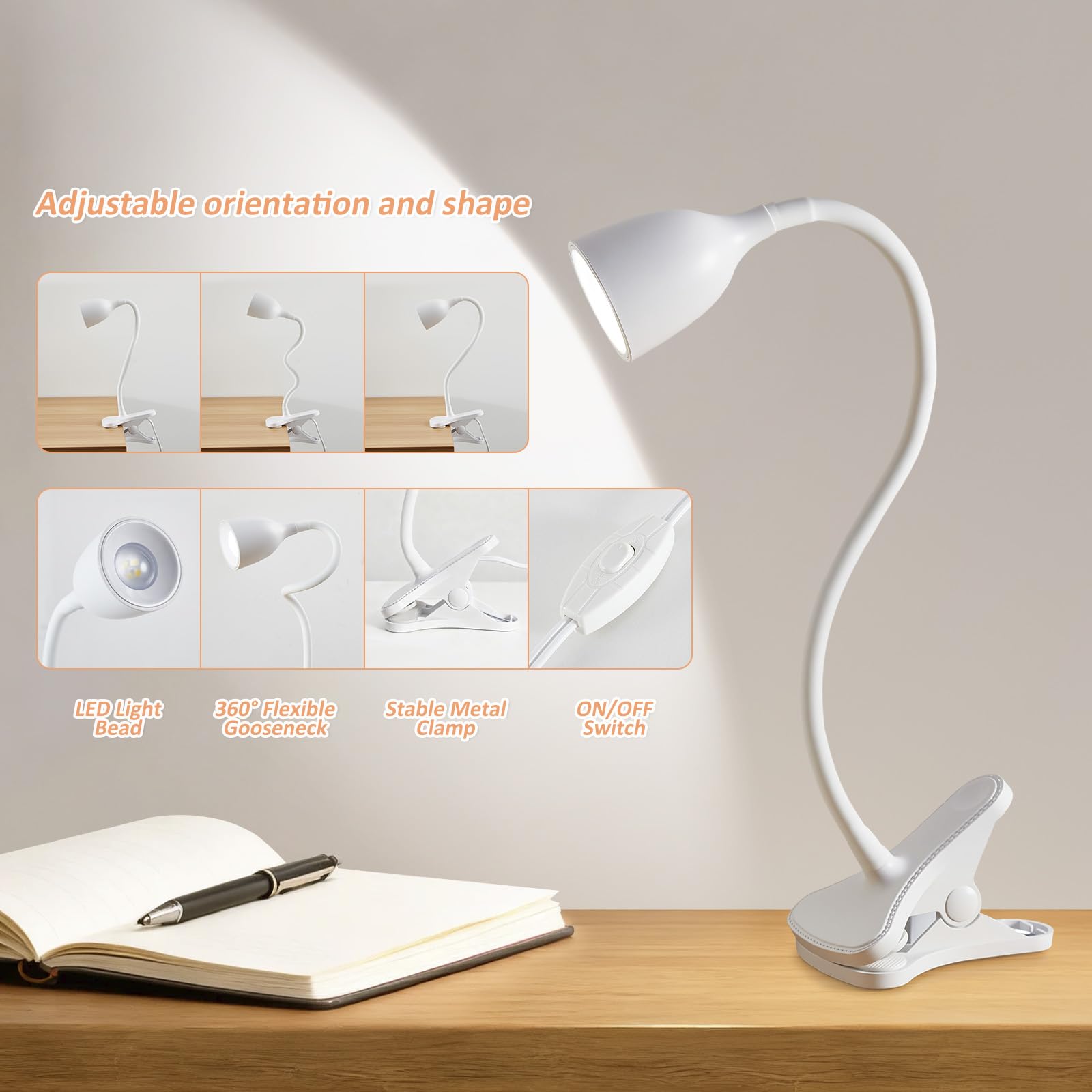 EJIAXIN Gooseneck Desk Lamp 360° LED Flexible Reading Light Small Desk Lamps for Small Spaces Home Office Bedroom College Dorm Desk Bookshelf Nightstand Table Lamp (Purple)