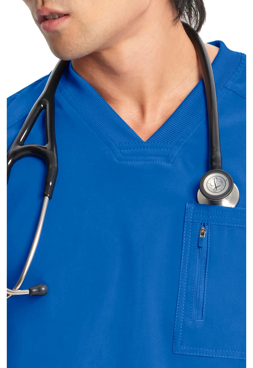 Cherokee Infinity Mens Tuckable V-Neck Scrub Top Modern Fit, 2 Pockets, Zip Chest Pocket, Rib-Knit, 360° Stretch – CK910A