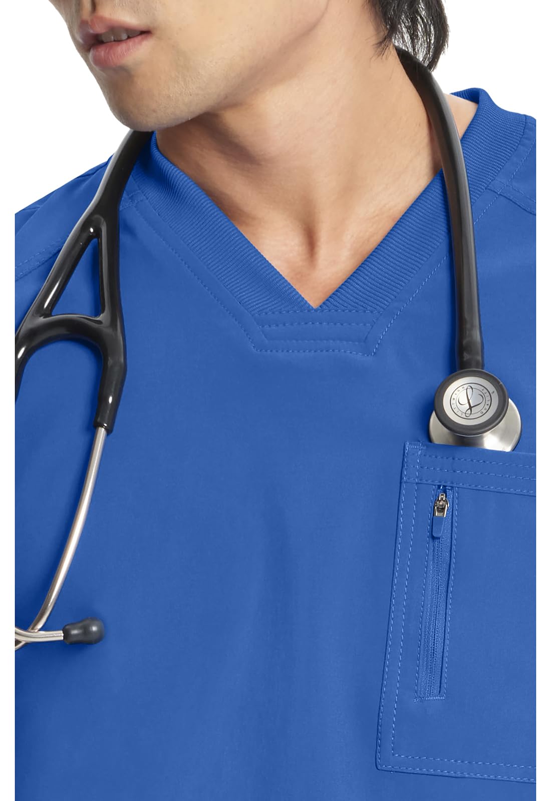 Cherokee Infinity Mens Tuckable V-Neck Scrub Top Modern Fit, 2 Pockets, Zip Chest Pocket, Rib-Knit, 360° Stretch – CK910A