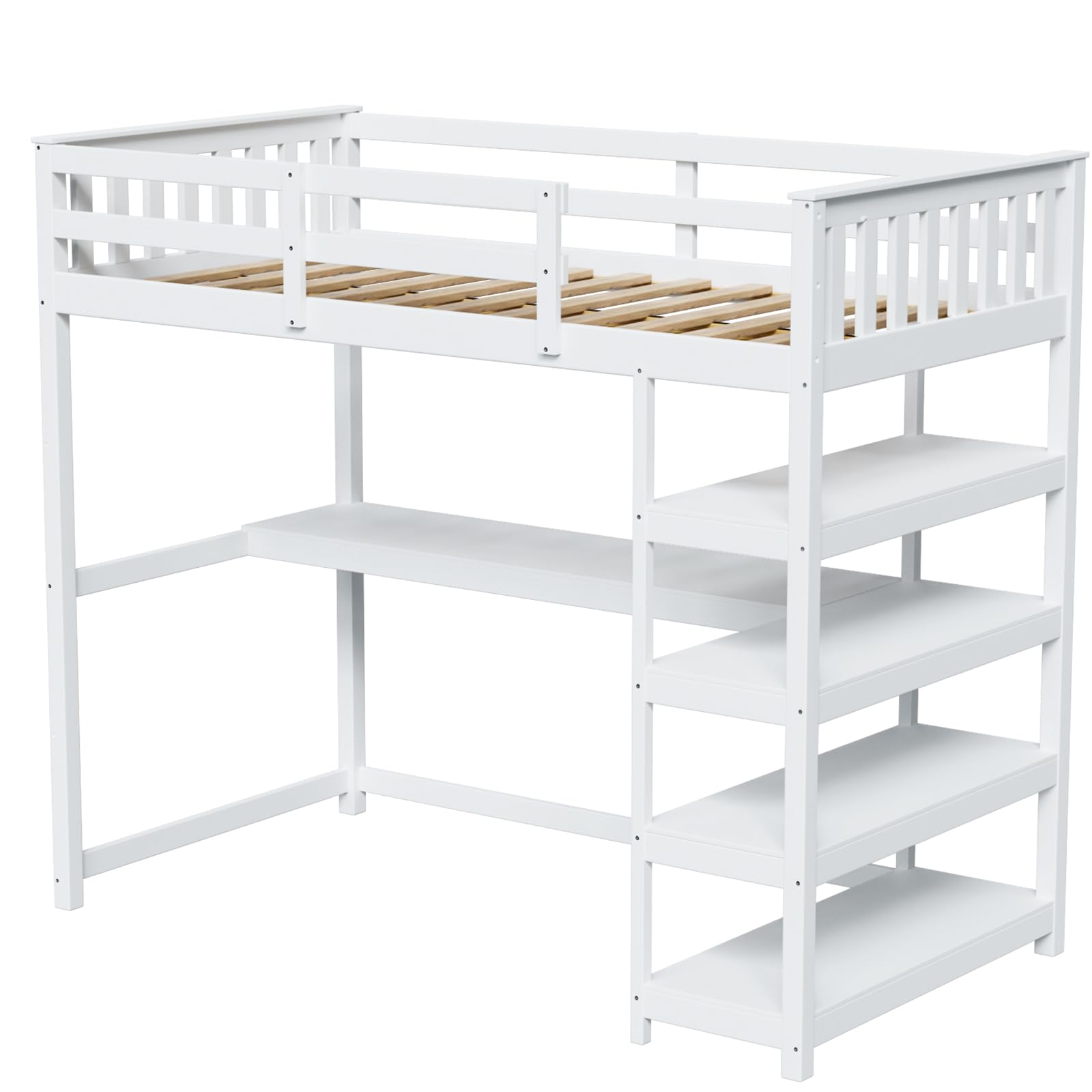 JOYMOR Low Loft Bed Twin Size with LED Lights, 4 Storage Shelves, Removable Curtain, Kids Wood Loft Bed with 15" H Safety Guardrail, Spave Saving, Mattress Not Included (Gray)