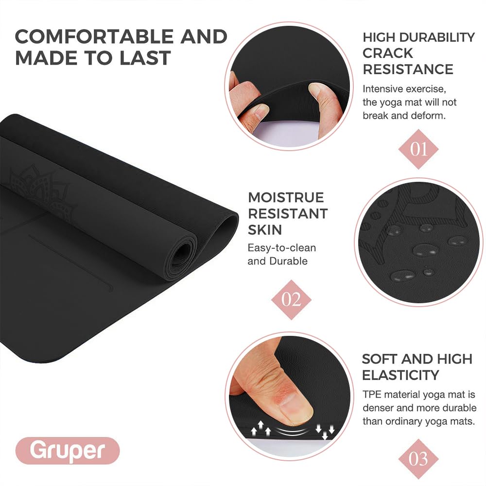 Gruper Yoga Mat Non Slip TPE Extra Wide Yoga Mat with Alignment Mark, 72"L x 32"W x 0.32"/0.24"Th (183cm x 80cm x 8mm/6mm), Anti-Tear Exercise Mat with Carrying Strap and Bag, Workout Mats for Yoga, Pilates