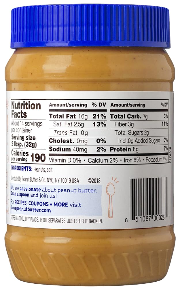 Peanut Butter & Co. Old Fashioned Crunchy Peanut Butter, No Sugar Added, 8g Protein, Non-GMO Project Verified, Gluten Free, Vegan, 16 oz Jar