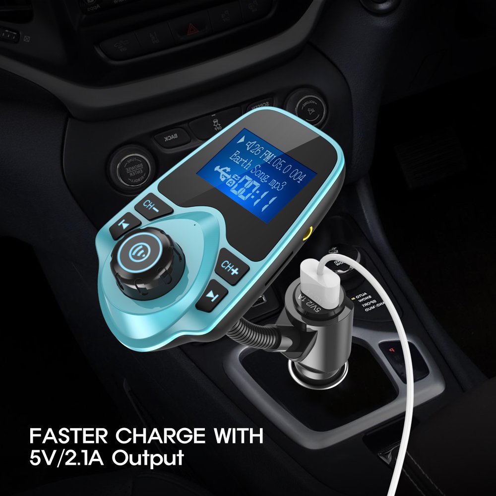 Nulaxy KM18 Bluetooth 5.4 Car Adapter with 1.44" Clear Display & Flexible Gooseneck - FM Radio Transmitter & Bluetooth Receiver for Hands-Free Calls, Wireless Music via BT/FM/AUX/TF, USB Car Charger
