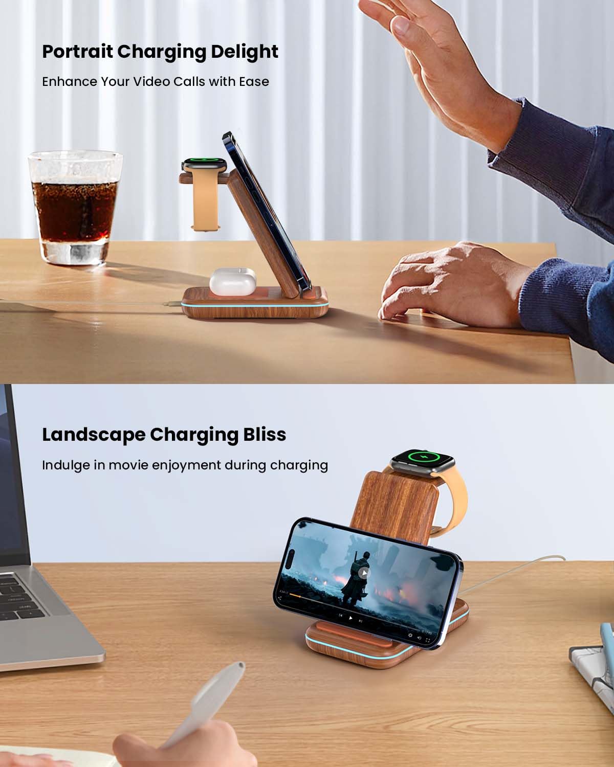 GEEKERA 3 in 1 Wireless Charging Station, Foldable Wireless Charger Stand for Multiple Apple Devices for iPhone 17 16-8, Apple Watch Ultra//11/10/9/SE/8/7/6/5, AirPods Pro/4/3/2