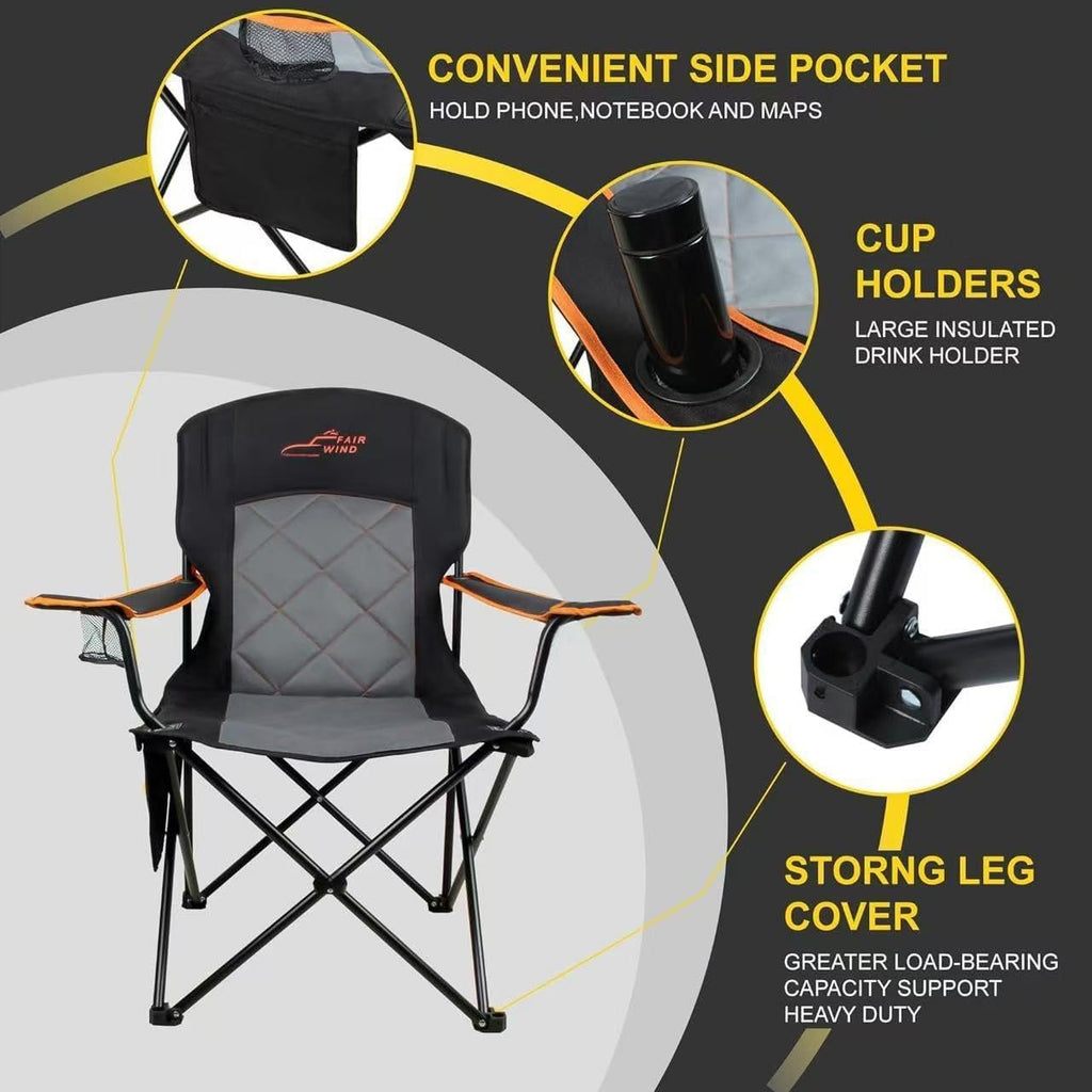 FAIR WIND Oversized Padded Camping Chair 2 Pack 350 LBS Capacity Fully Padded Lawn Quad Chair with Side Pocket & Cup Holder, Heavy Duty Lawn Chair for Outside, Tailgating, Beach, Sports