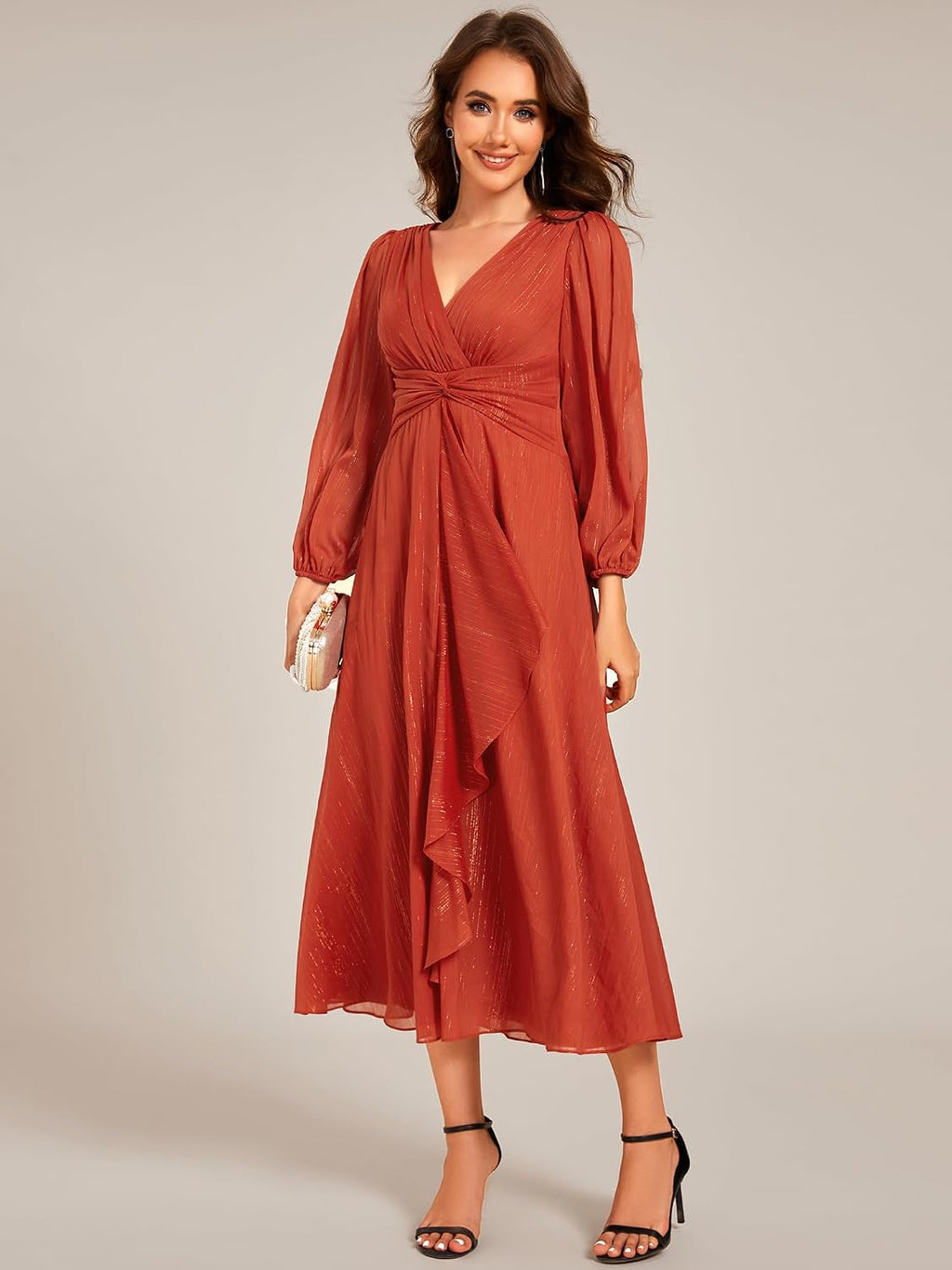 Ever-Pretty Women's Elegant Formal Evening Dress A-Line Ruched V-Neck Long Sleeves Tea-Length Wedding Guest Dresses