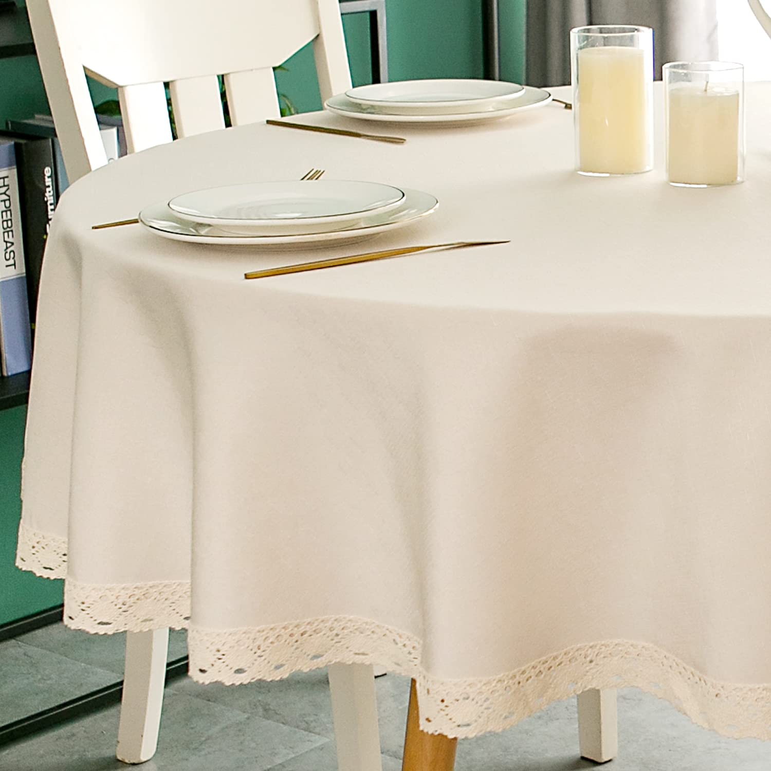 EHouseHome Faux Linen Tablecloth with Lace Trim - Waterproof/Spill Proof/Stain Resistant/Wrinkle Free/Oil Proof - for Banquet, Parties,Dinner,Kitchen,Wedding,Holiday,Blue Fog,Square 52X52Inch