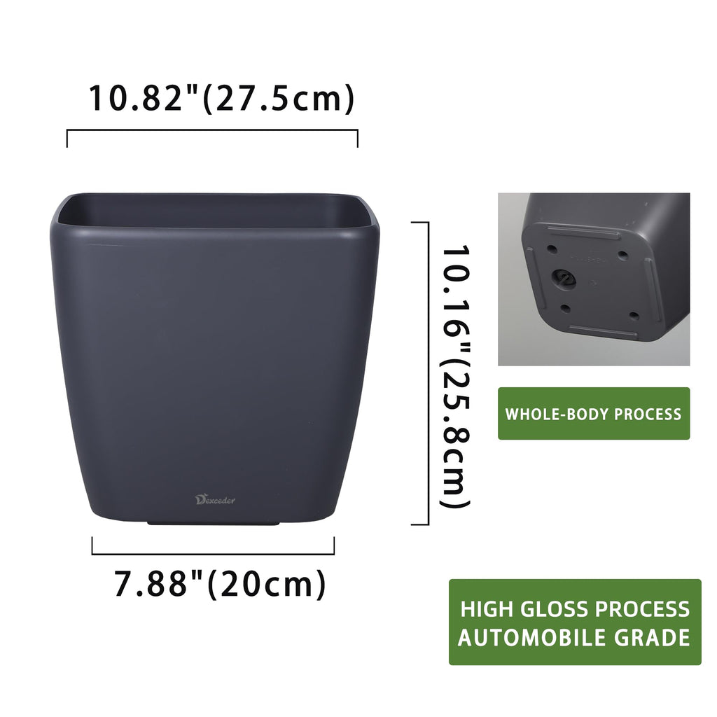Dexceder 9x8 Self Watering Planter (Black High Gloss) | Inner Mat Design, Thickened Table Flower Plant Pot with Water Level Indicator Indoor Outdoor