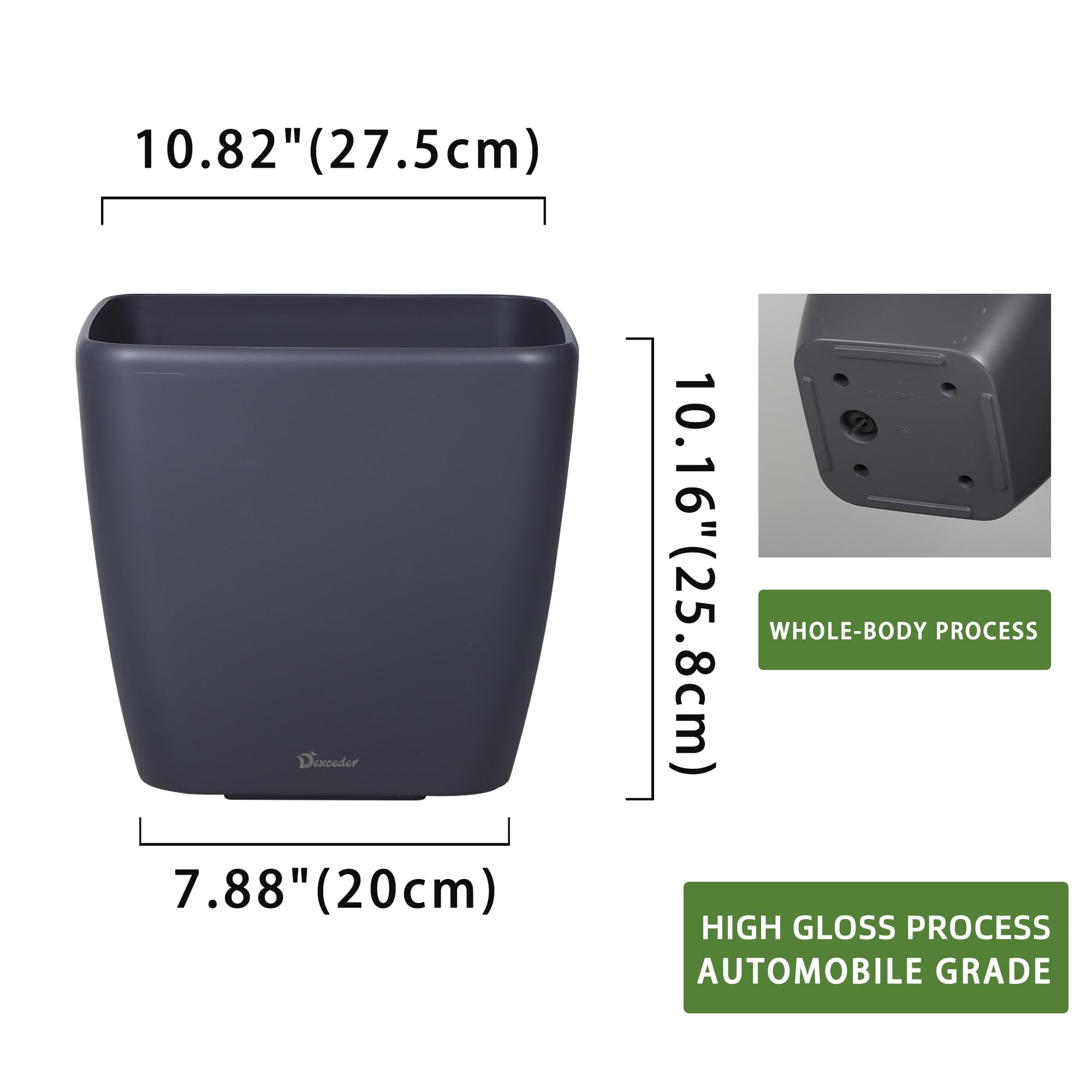 Dexceder 9x8 Self Watering Planter (Black High Gloss) | Inner Mat Design, Thickened Table Flower Plant Pot with Water Level Indicator Indoor Outdoor