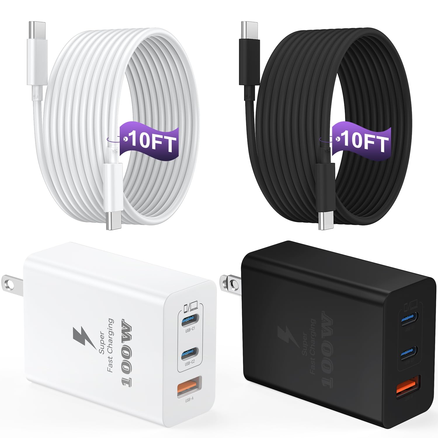 USB C Super Fast Phone Charger 100W, 65W GaN Type C Charger Fast Charging Block with 10ft USB C Charging Cable for Samsung Galaxy S26 Ultra/S26/S26+,MacBook Pro/Air,iPhone/iPad Pro[2 Pack]-Black