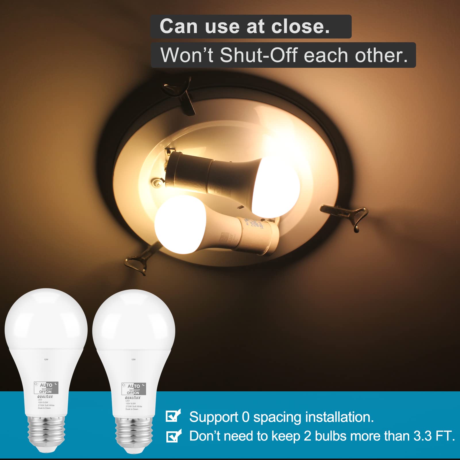 Qualilux Dusk to Dawn A19 LED Light Bulbs 850LM, 60W Equivalent, Daylight, Energy-Efficient 9.5W, A19, E26 Base, 2-Pack, HQ-H011