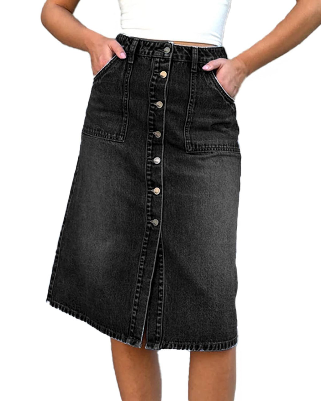 Jean Skirt for Women Denim Skirt High Waist Stretch Midi Denim Skirts with Pockets
