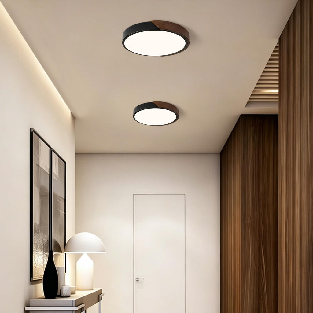 Modern LED Ceiling Light, Minimalist Wood Dimmable Flush Mount Ceiling Light Fixture, Round 5CCT Lighting Lamp with Acrylic Lampshade for Bedroom Hallway Kitchen Laundry, Black 11.8"