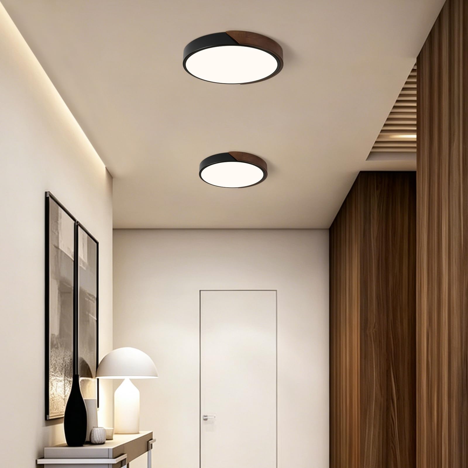 Modern LED Ceiling Light, Minimalist Wood Dimmable Flush Mount Ceiling Light Fixture, Round 5CCT Lighting Lamp with Acrylic Lampshade for Bedroom Hallway Kitchen Laundry, Black 11.8"