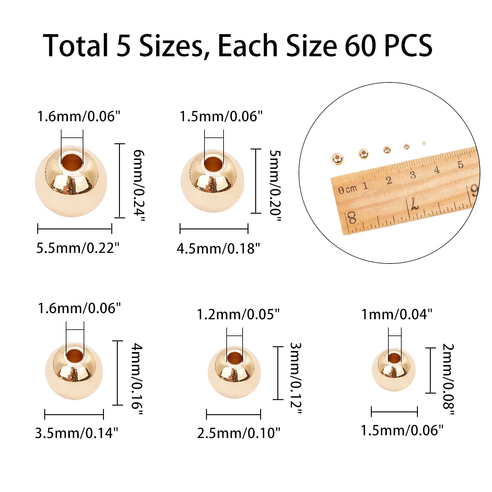 PH PandaHall 14K Gold Plated Spacer Beads, 300pcs Round Brass Beads 5 Size Metal Smooth Beads Seamless Ball Beads Long-lasting Little Beads for Summer Bracelet Necklace Jewelry DIY Crafts(2/3/4/5/6mm)