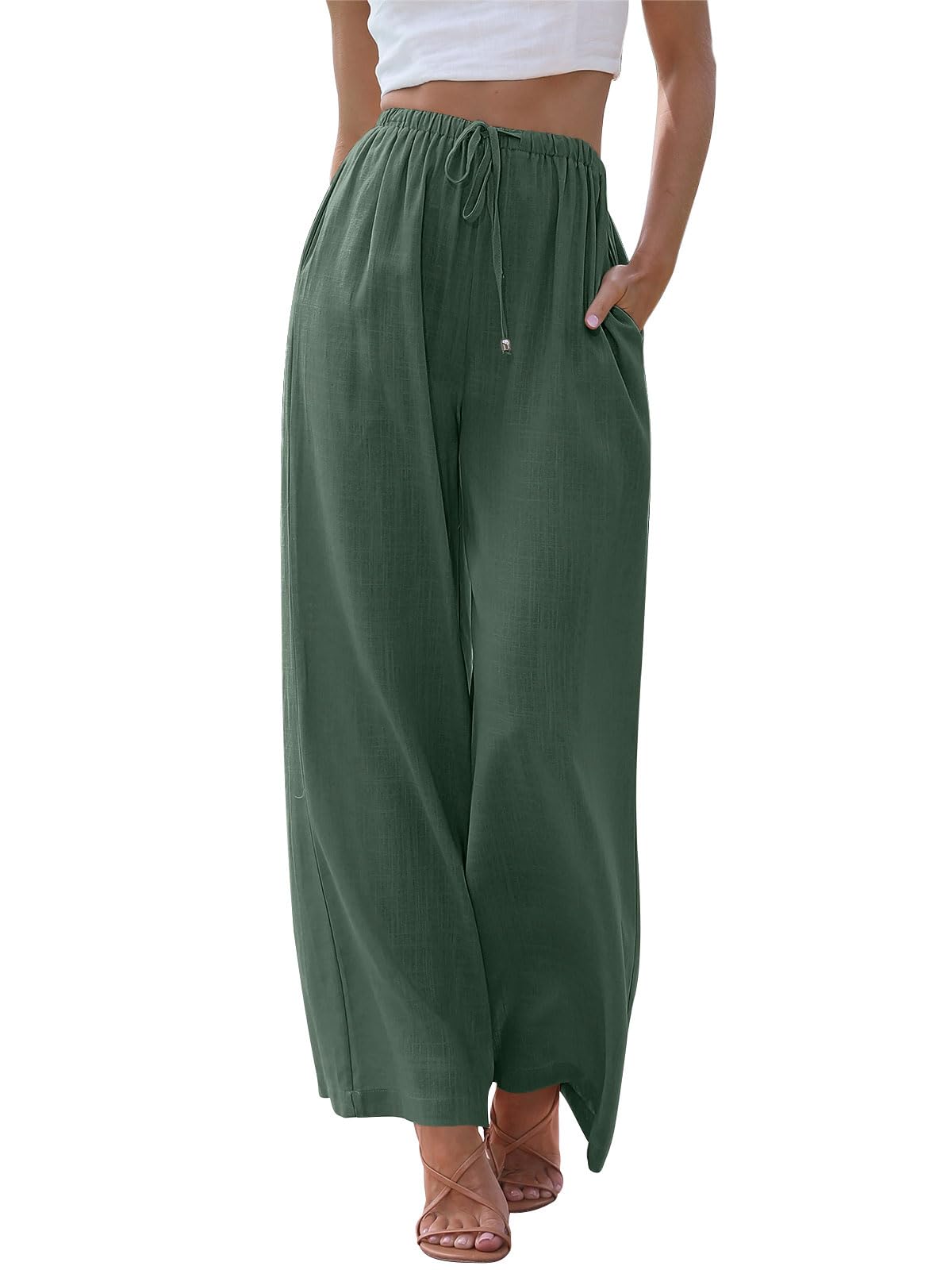 LILLUSORY Women's Linen Summer Palazzo Pants Flowy Wide Leg Beach Pants with Pockets