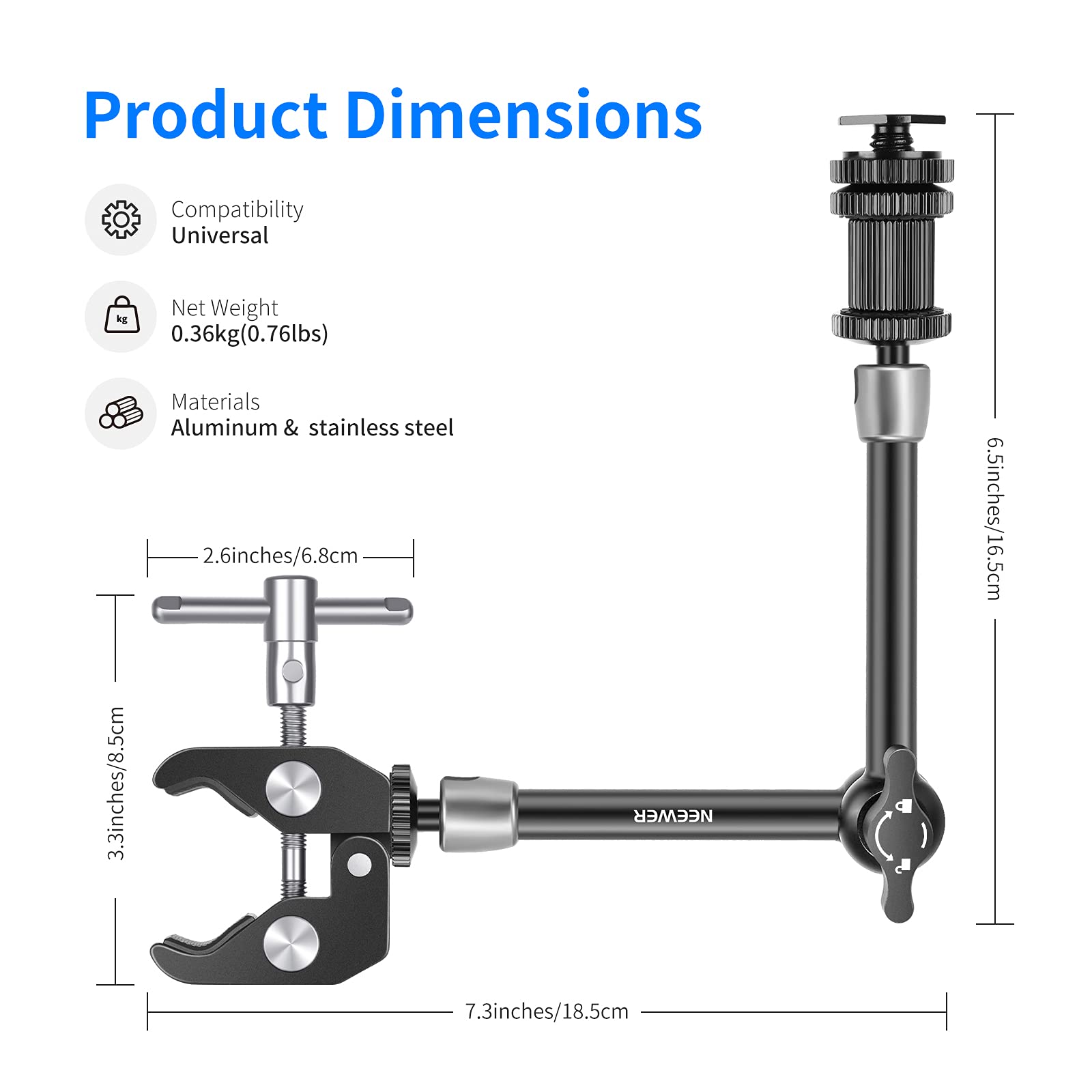 NEEWER 5.9"/15cm Adjustable Friction Magic Arm with 1/4" Screw on Both Ends, Compatible with SmallRig Cage, Flash/LED Light/Microphone/Monitor/SuperClip, Max Load 4.4lb/2kg, ST15