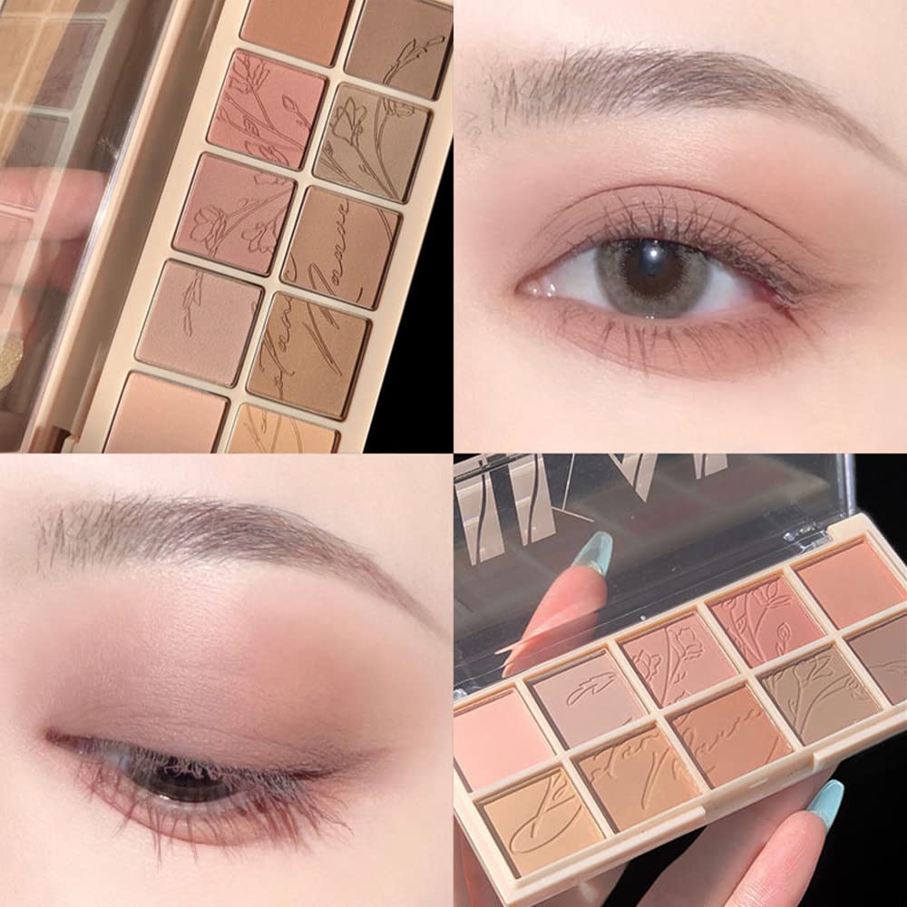 Erinde 10 Colors Eyeshadow Palette Makeup - Matte Shimmer Glitter Eye Shadow Korean Makeup, Ultra-Blendable, High Pigmented, Natural-Looking, Peach Brown Eyeshadow Pallet with Brush, Peach Color