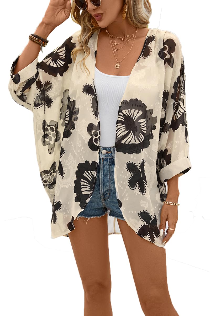 olrain Women's Floral Print Sheer Chiffon 3/4 Bat Sleeve Casual Loose Kimono Cardigan Capes