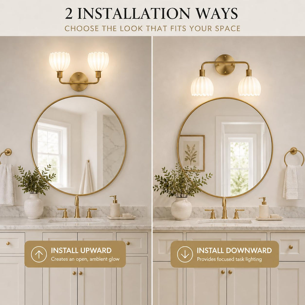 1-Light Gold Brass Bathroom Light Fixture,Wall Sconces set of 2,Brushed Gold Vanlity Light Over Mirror,Bathroom Vanity Light with White Tulip Glass Flower Shade,E26 Socket(Bulbs Not Included)
