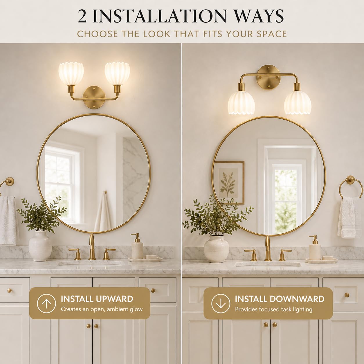 1-Light Gold Brass Bathroom Light Fixture,Wall Sconces set of 2,Brushed Gold Vanlity Light Over Mirror,Bathroom Vanity Light with White Tulip Glass Flower Shade,E26 Socket(Bulbs Not Included)