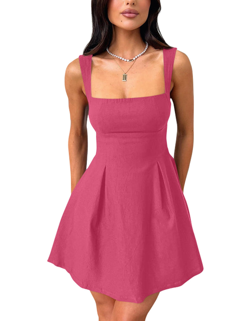 YMDUCH Women's Sexy Sleeveless Square Neck Adjustable Straps Bow Tie A-line Mini Party Club Dress